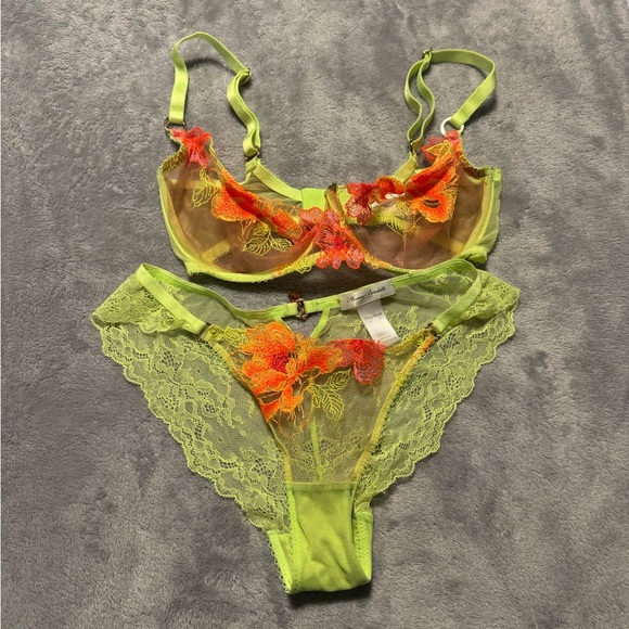 Honey Birdette Lime and Tangerine Lace Bra Set